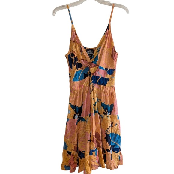 Angie Tropical Floral Twist Front Tiered Mini Dress Yellow Blue Pink Women Large - Picture 2 of 12